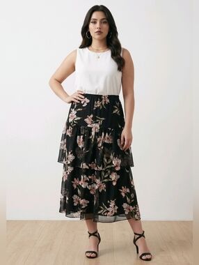 Lauren Ralph Lauren Black Floral Peasant Tiered Elastic Waist Midi Skirt XXL B30